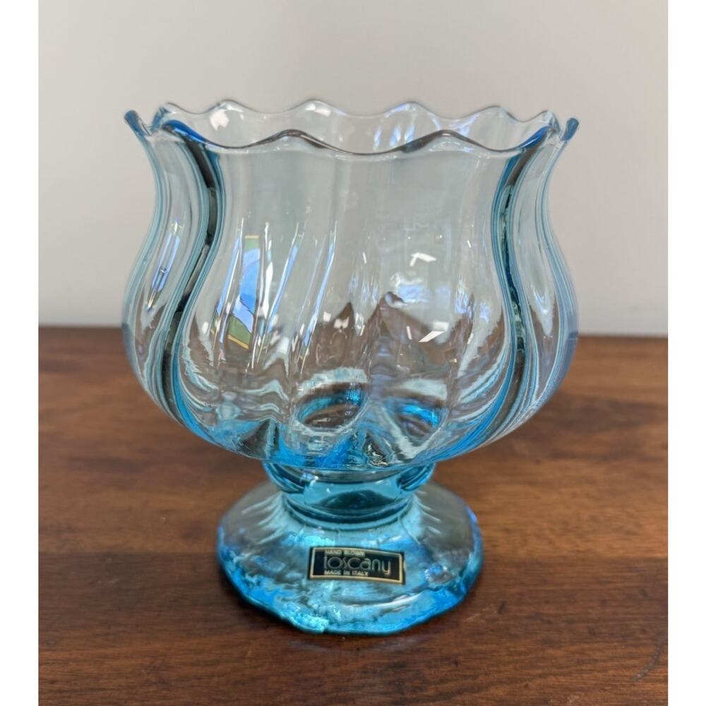 Vintage Toscany Italy Hand Blown Aqua Blue Art Glass Footed Bowl Compote 6" - Picture 10 of 10